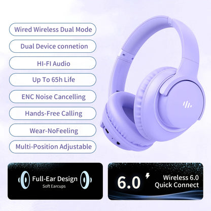 KVIDIO 65H Over-Ear Headphones Wireless HiFi Stereo Rich Bass Low Latency Foldable for Bedside Audio, Alarms and Room Entertainment