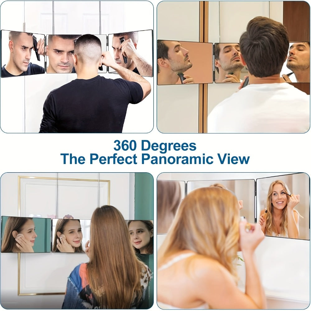 Three-Way Folding Mirror for Haircutting 360° View Anti-Fog HD Glass Height-Adjustable Telescopic Hook – Foldable Three-Sided Mirror