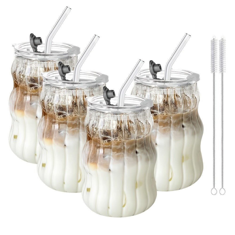 Cloud-Shaped Glass Cup Drinkware Set, 18oz U-Curve Cups with Glass Straws, Brushes and Lid Options in 4 or 6 Pieces