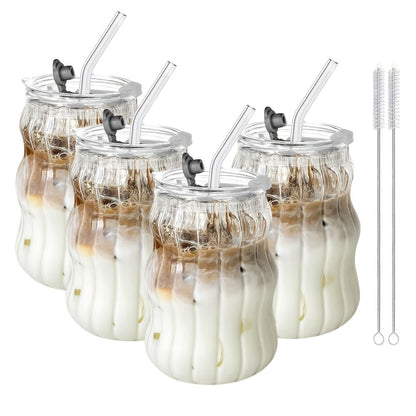 Cloud-Shaped Glass Cup Drinkware Set, 18oz U-Curve Cups with Glass Straws, Brushes and Lid Options in 4 or 6 Pieces