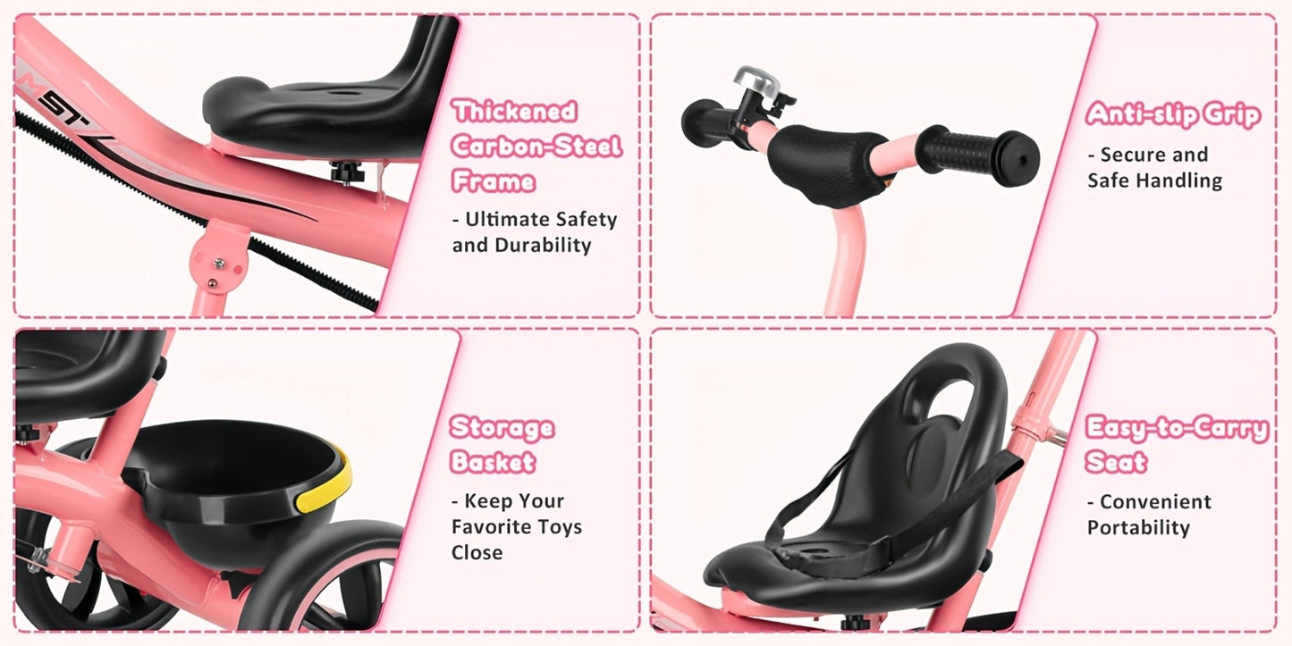 Push Handle Tricycle for Toddlers Girls Pink, 3 Wheel Trike Ages 18-60 Months with Padded Backrest