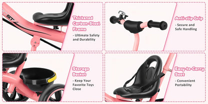 Push Handle Tricycle for Toddlers Girls Pink, 3 Wheel Trike Ages 18-60 Months with Padded Backrest