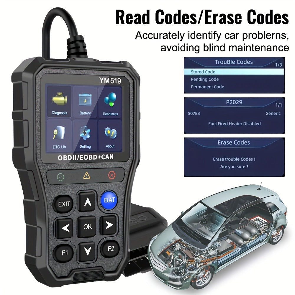 YM519 OBD2 Scanner with Color Screen, 13-Language Label, Battery Voltage and Live Data Icons