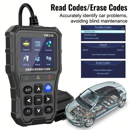 YM519 OBD2 Scanner with Color Screen, 13-Language Label, Battery Voltage and Live Data Icons