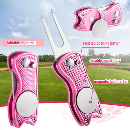 12-Piece Pink Golf Accessory Set with Towel, Eight Tees, Brush, Retractable Clip and Divot Tool with Ball Marker