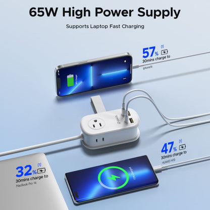 GaN 65W Portable Power Strip Fast Charging - 3 AC Outlets, 2 USB-C & 2 USB-A Ports, Flat Plug, 50-inch Cable