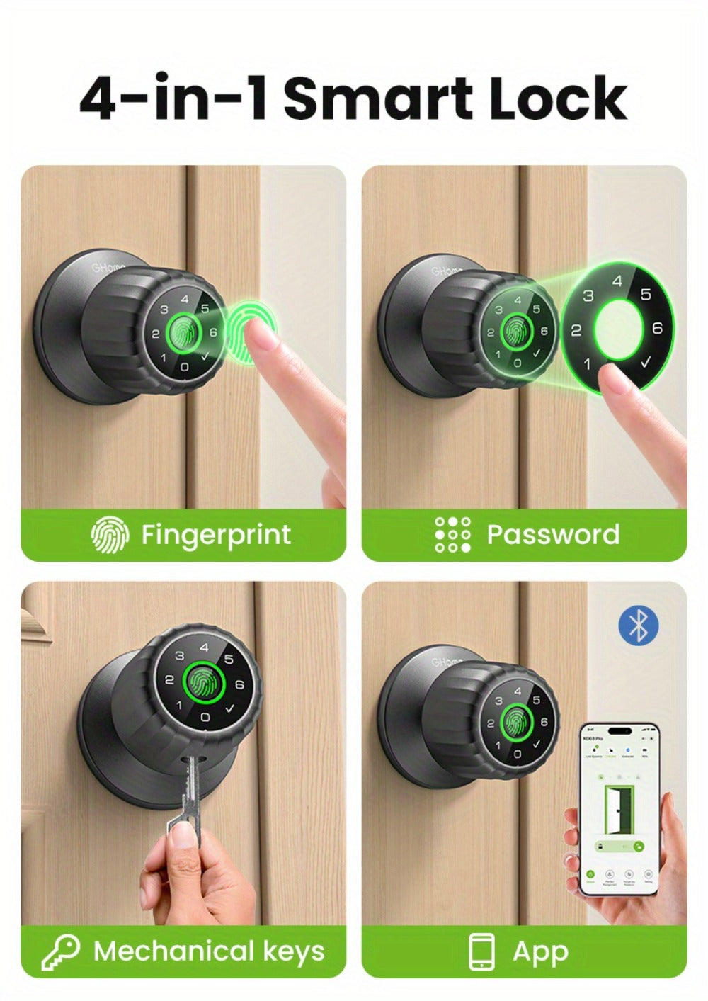 GHome KD03 PRO Smart Door Knob 4-in-1 with USB-C Charging & Gateway Remote – Fingerprint, Keypad & App, Anti-Peep, Tamper Alarm