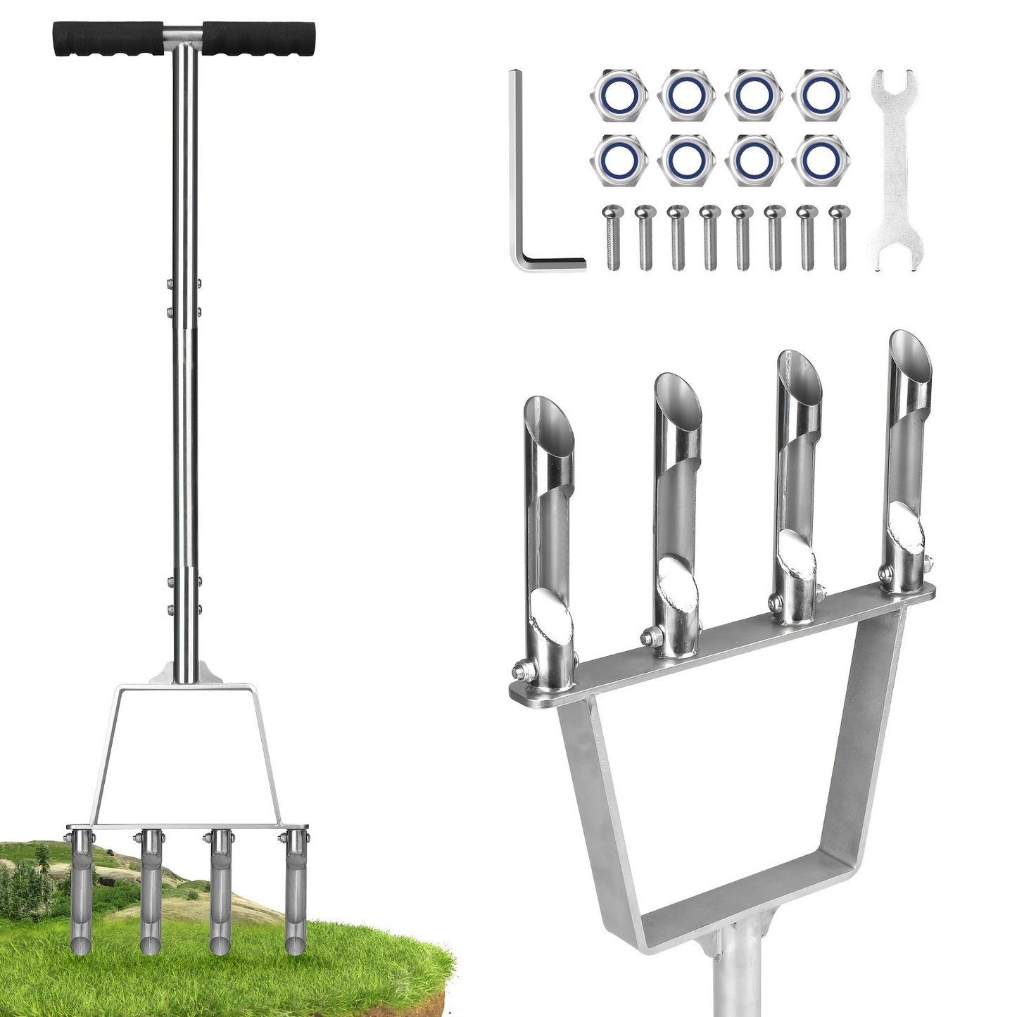 Four-Tine Manual Lawn Core Aerator in Black with T-Handle, Foot Bar and Hollow Plugging Tubes