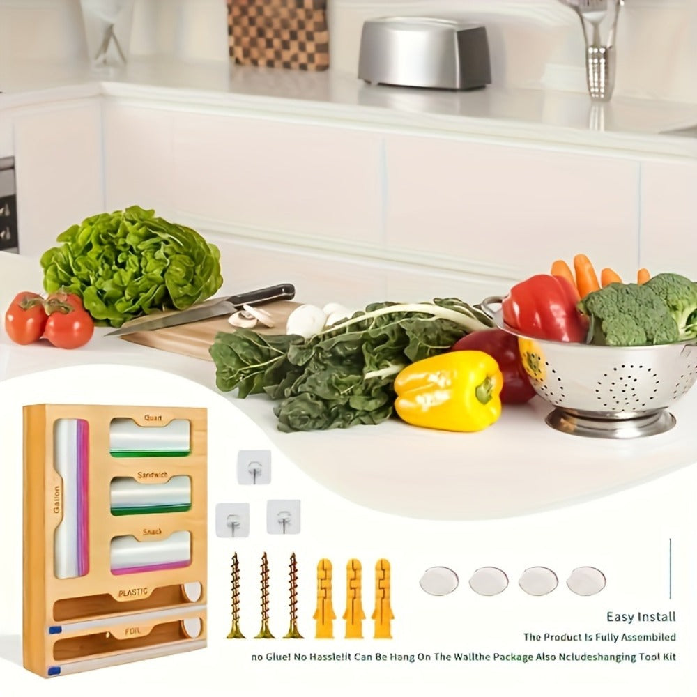 Bamboo Ziplock Bag Organizer Box for Kitchen Drawer – Adjustable Dividers, Compatible with Gallon Quart Sandwich Snack Bags