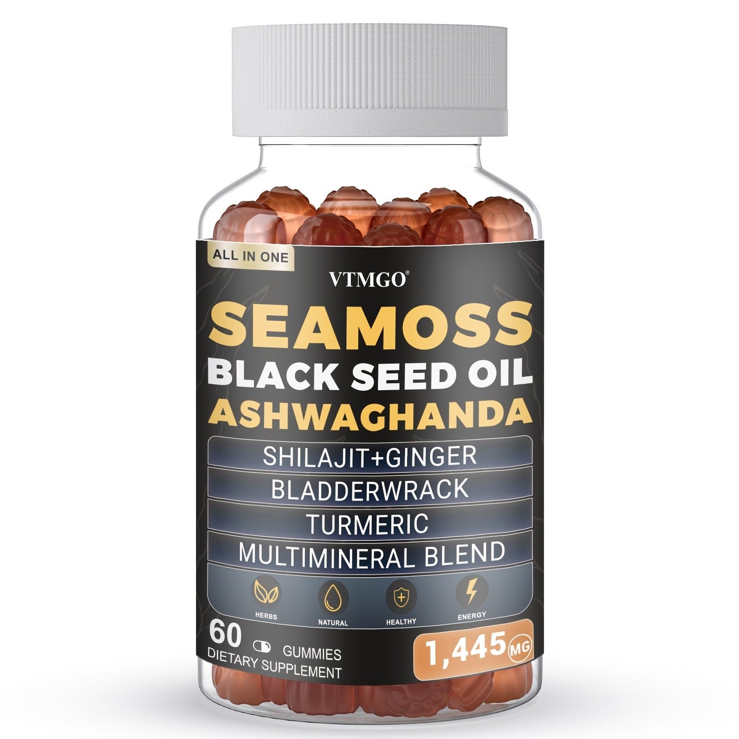 Sea Moss Gummies 1445mg with Shilajit Black Seed Oil Ashwagandha Elderberry Chlorophyll Turmeric Bladderwrack Ginger