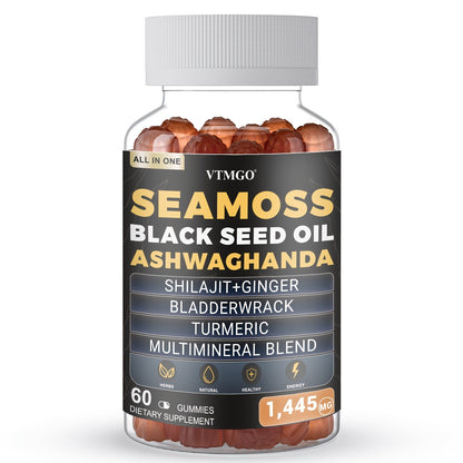 Sea Moss Gummies 1445mg with Shilajit Black Seed Oil Ashwagandha Elderberry Chlorophyll Turmeric Bladderwrack Ginger
