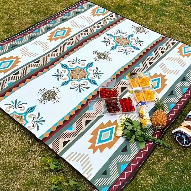 Rectangular Geometric Picnic Blanket with Rolled Carry Straps and 200 x 150 cm Pictured Open Size
