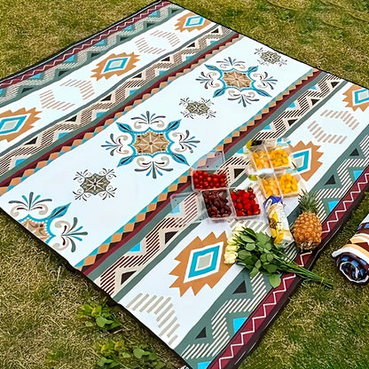 Rectangular Geometric Picnic Blanket with Rolled Carry Straps and 200 x 150 cm Pictured Open Size