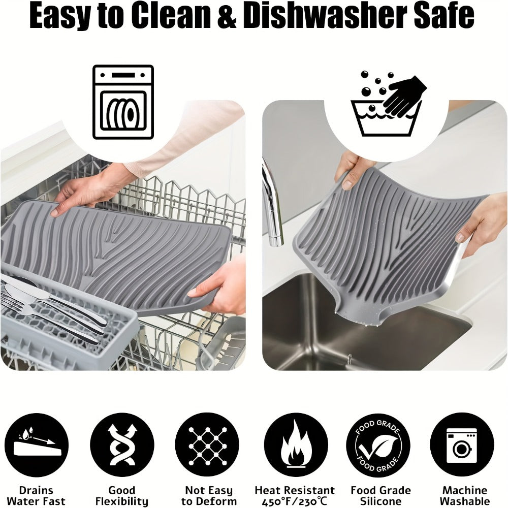 Kitchen Mat Set, 34.5x19-Inch Silicone Slope-Drain Drying Pads in Black or Gray, Single or 2-Piece Options