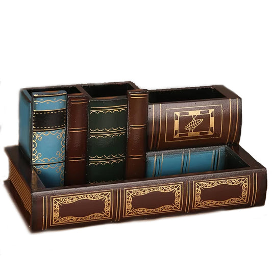 Vintage Book-Shaped Desk Organizer with Pen Compartments, Pull-Out Drawer and Two Size Options