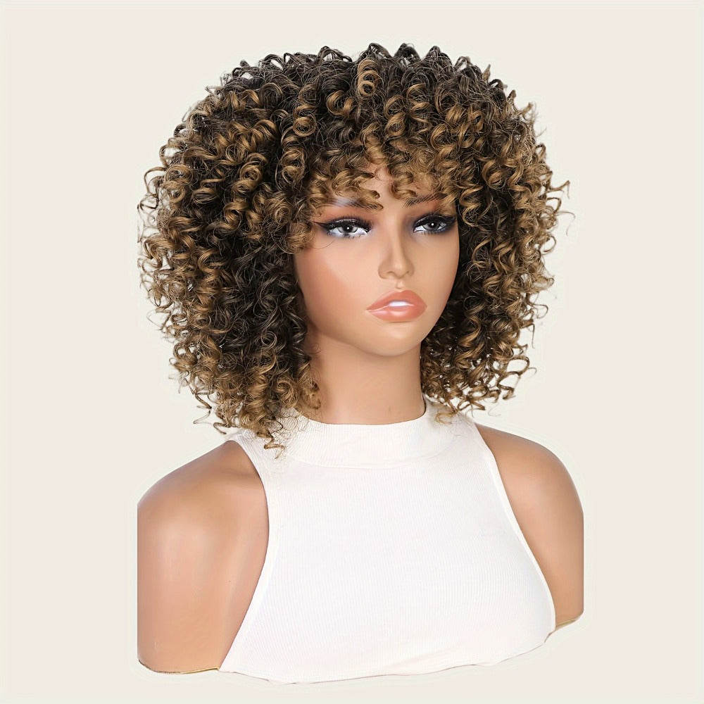 Synthetic Wig 14-Inch Kinky Curly Afro with Bangs, 180% Density and Stretch Net Cap for Daily Style