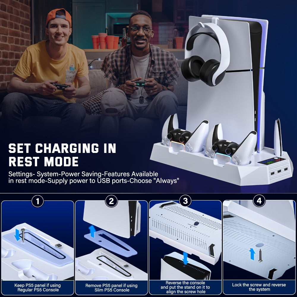 PS5 Cooling Station with Controller Charging Dock - Compatible with PS5 Slim Pro Standard Disc Digital