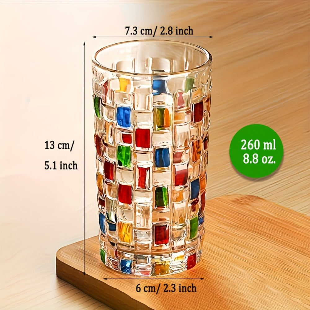 Hand-Painted Drinking Glasses Set – Colorful Square Lattice Woven Handcrafted Glass for Water, Juice, Whiskey & Beer