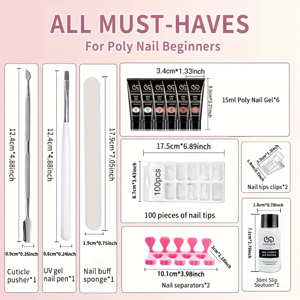 Poly Nail Gel Kit Hard Builder 6 Colors Clear Pink White – Nail Extension Thickening & Strengthening Gel for Brittle Thin Nails & French