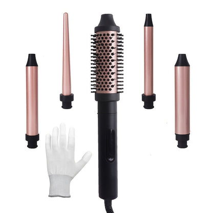 Ceramic Curling Iron Set 5-in-1 with Interchangeable Barrels & Heat Brush, Professional Hair Curler Wand Styling Kit for Waves & Curls