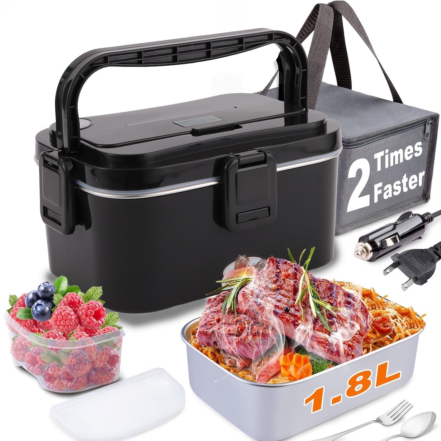 Electric Lunch Box Portable Food Warmer 60oz, 110V Home & 12V/24V Car Heated Meal Container, Stainless Steel