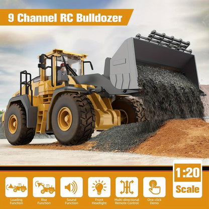 RC Wheel Loader Toy 1:20 Scale 2.4GHz 9-Channel Remote Control Construction Truck with Realistic Lights & Sounds