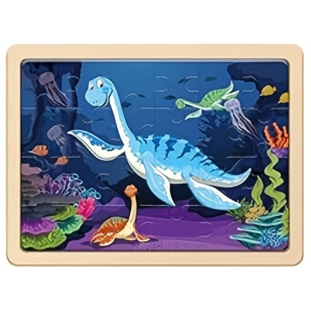 Dinosaur Puzzle Set for Kids Ages 3-8 Wooden 4-in-1 Jigsaw with 24 Pieces Each, Colorful Preschool Educational Toy for Boys & Girls
