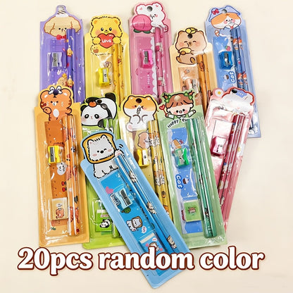 20-Piece Cartoon Pencil Stationery Set with Ruler Eraser Sharpener, Random Cartoon Styles, Kids School Supplies, Party Favor Prizes