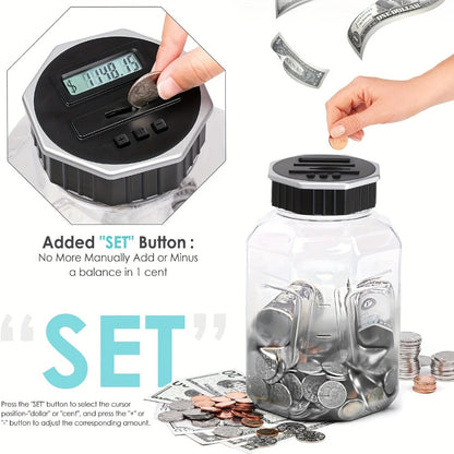 Digital Coin Counting Piggy Bank for Adults, Extra Large 2.4L LCD Counter Jar, Transparent Acrylic Money Saving Bank with Display