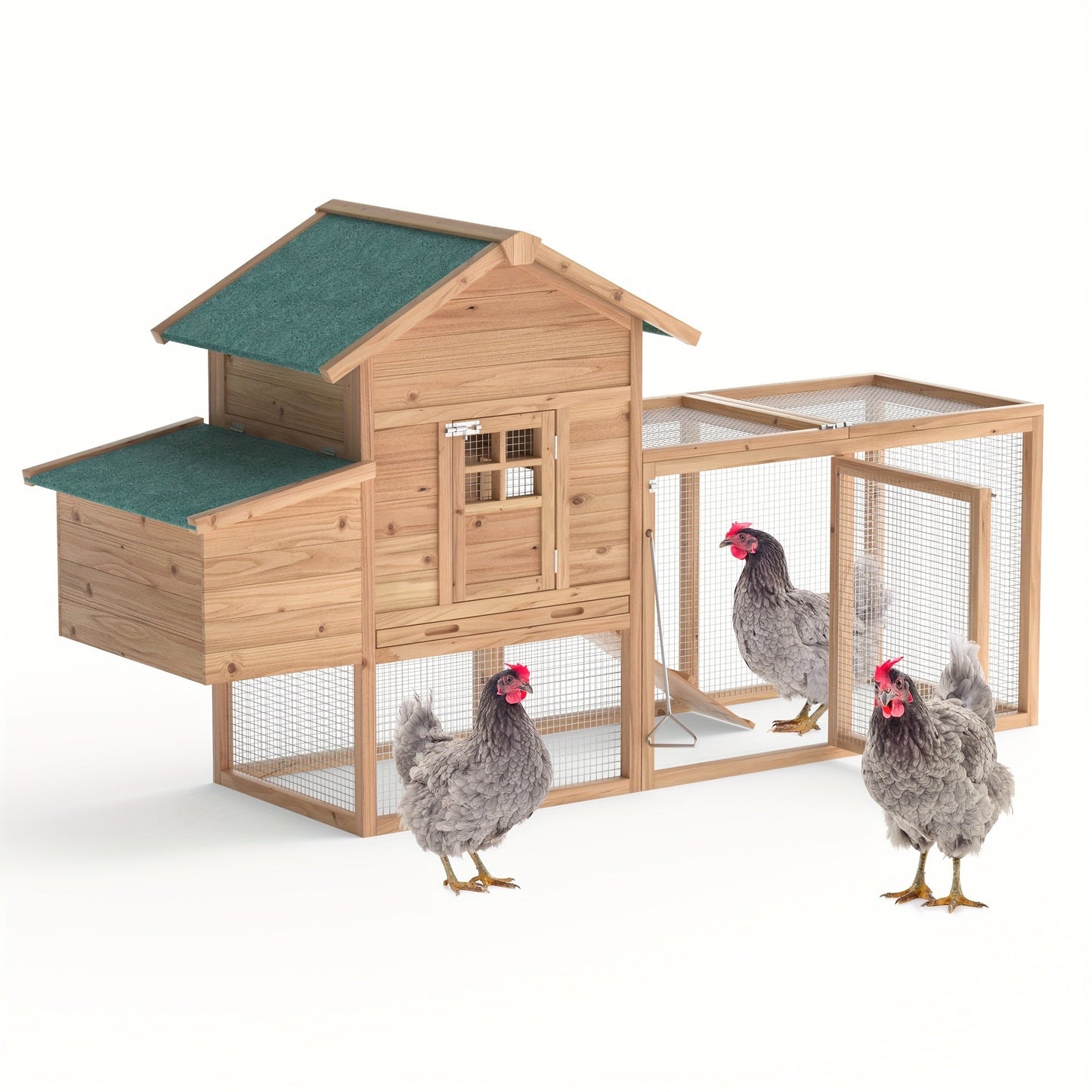 Wooden Chicken Coop with 80.75in Run, Nest Box, Ramp and Brown Frame for Outdoor Backyard Poultry