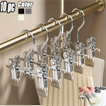 Metal Clamp Clothes Hangers, 10-Piece Set in White, Gray or Black with Twin Clips for Pants, Skirts or Boots