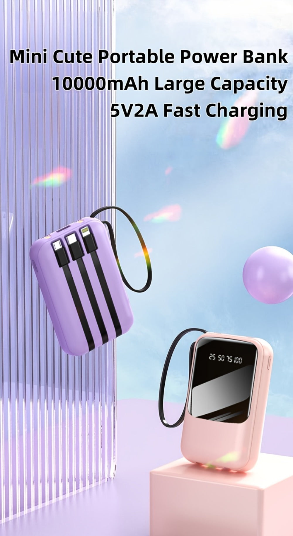 Power Bank 10000mAh Mini with Built-In Cable Set, 5W/15W/22.5W Variants, LED Light and Digital Display