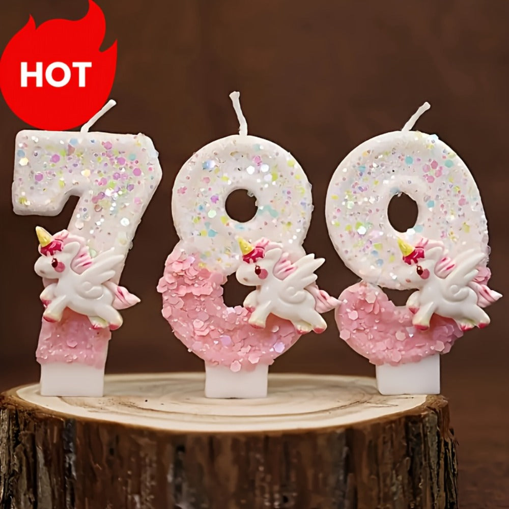 Unicorn Number Cake Topper 0-9 Birthday Party Decoration Glitter Figure Candle Topper for Entryways, Bedrooms and Living Spaces