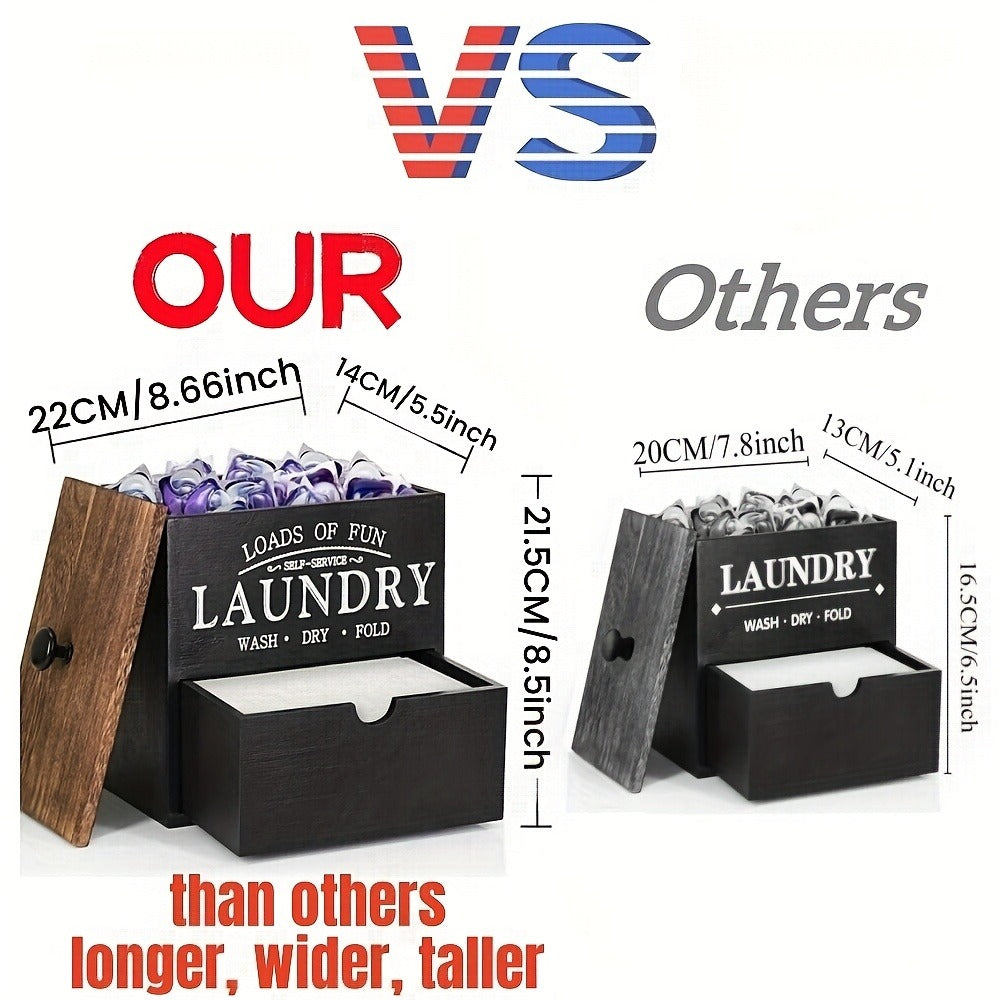 Dryer Sheet Holder with Drawer & Lid, Farmhouse Wood Laundry Pod Dispenser, Wall Mount or Countertop Organizer for Laundry Room Storage
