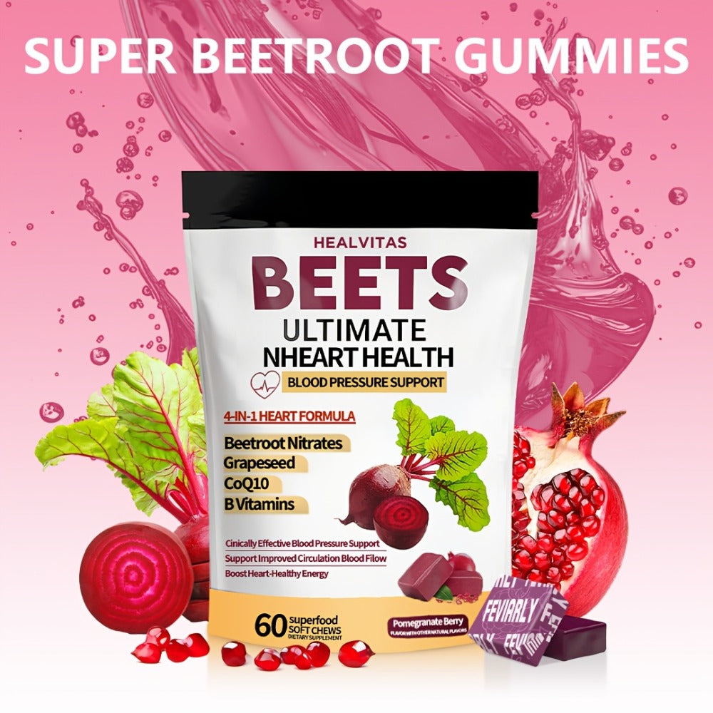 Beetroot Gummies with CoQ10, Grape Seed Extract & Multivitamins, Blood Pressure Support, Heart Health