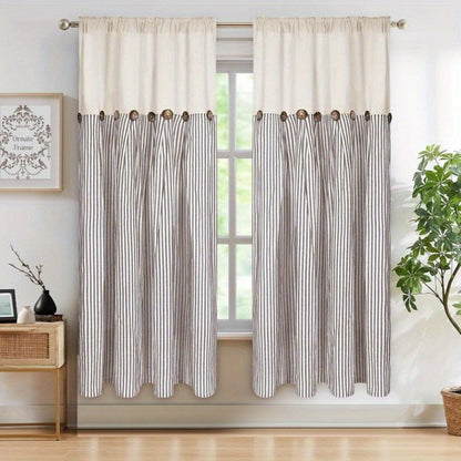 Striped Patchwork Window Curtain Set with Rod-Pocket Top, Six Colors and Five Panel-Count or Size Options