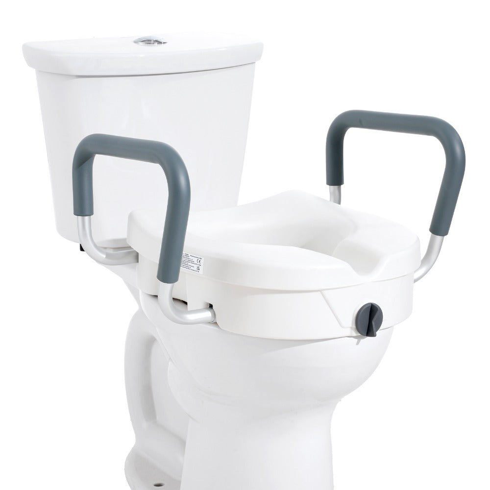Raised Toilet Seat with Arms for Seniors & Elderly - 5 Inch Elevated Toilet Seat, Twist Lock, Adjustable Armrests with Padding