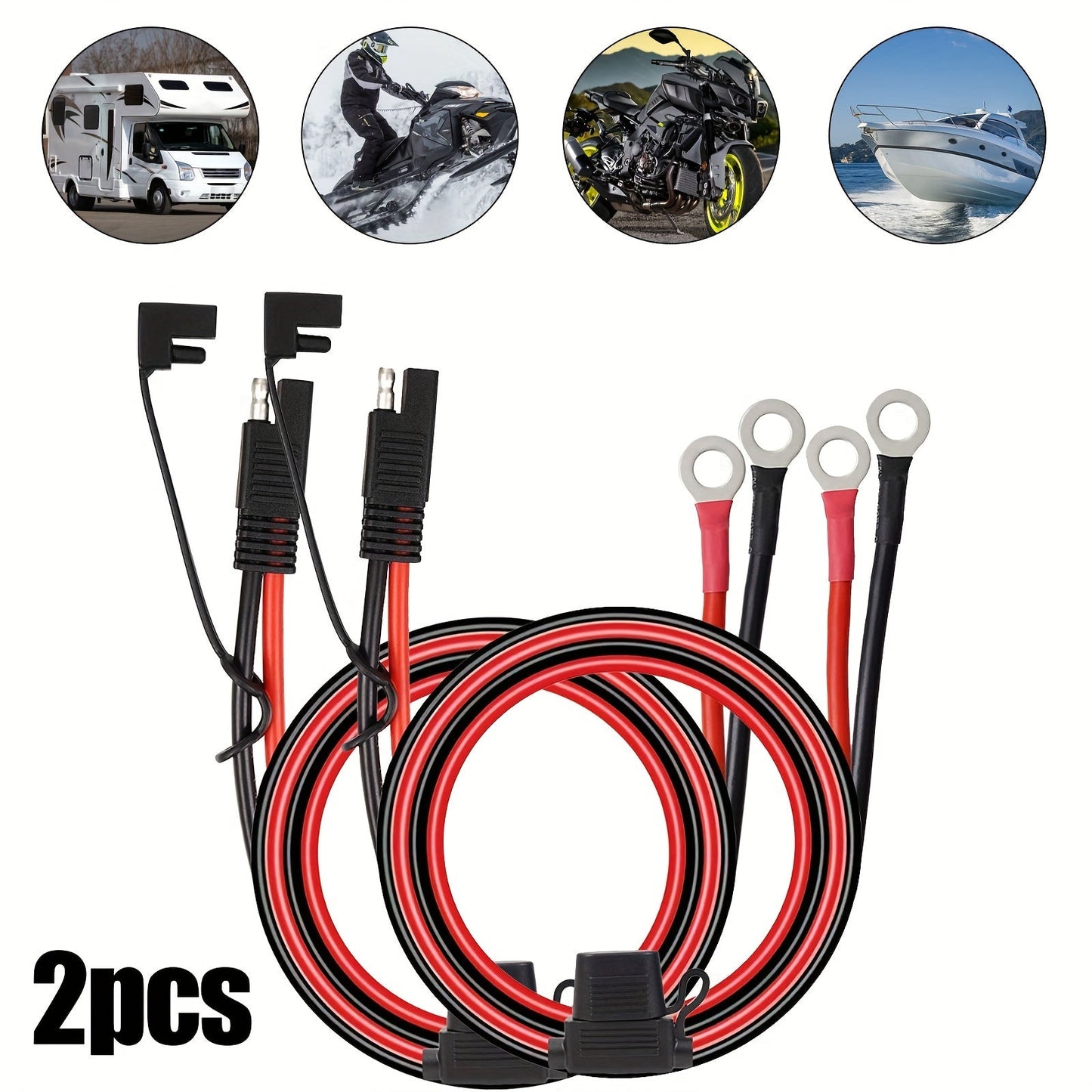 SAE Battery Cable Extension Wire 2pcs – SAE to O-Ring Terminal Connector Harness with 10A Fuse for Motorcycle, Car, ATV