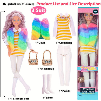 Six-Piece 11.5-Inch Fashion Doll Set with Mixed Outfits, Handbags, Hats, Necklaces and Suitcase Accessories