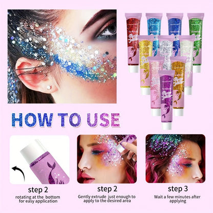 Face Body Glitter Gel Set 30 Pieces – Colorful Shapes Mermaid Sequin Stars Hearts, Transparent Gel Base, Skin-Safe Shimmer Makeup