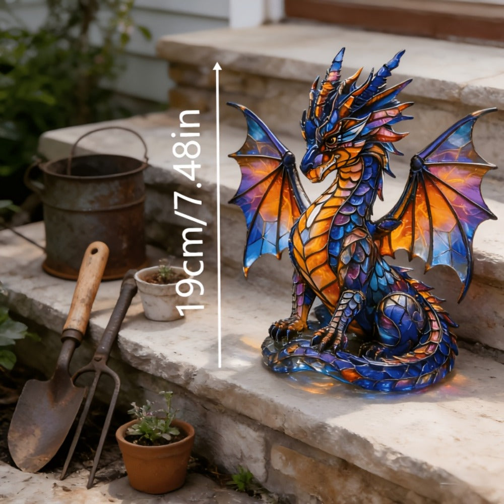 Dragon Sculpture with Light – Faux Stained Glass Resin Statue, Bohemian Accent Lamp, Fantasy Home Decor Figurine