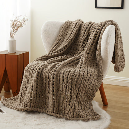 Chunky Chenille Cable Knit Throw Blanket, 350-400gsm Crochet Throw for Sofa, Bed & Couch, Vintage Patchwork
