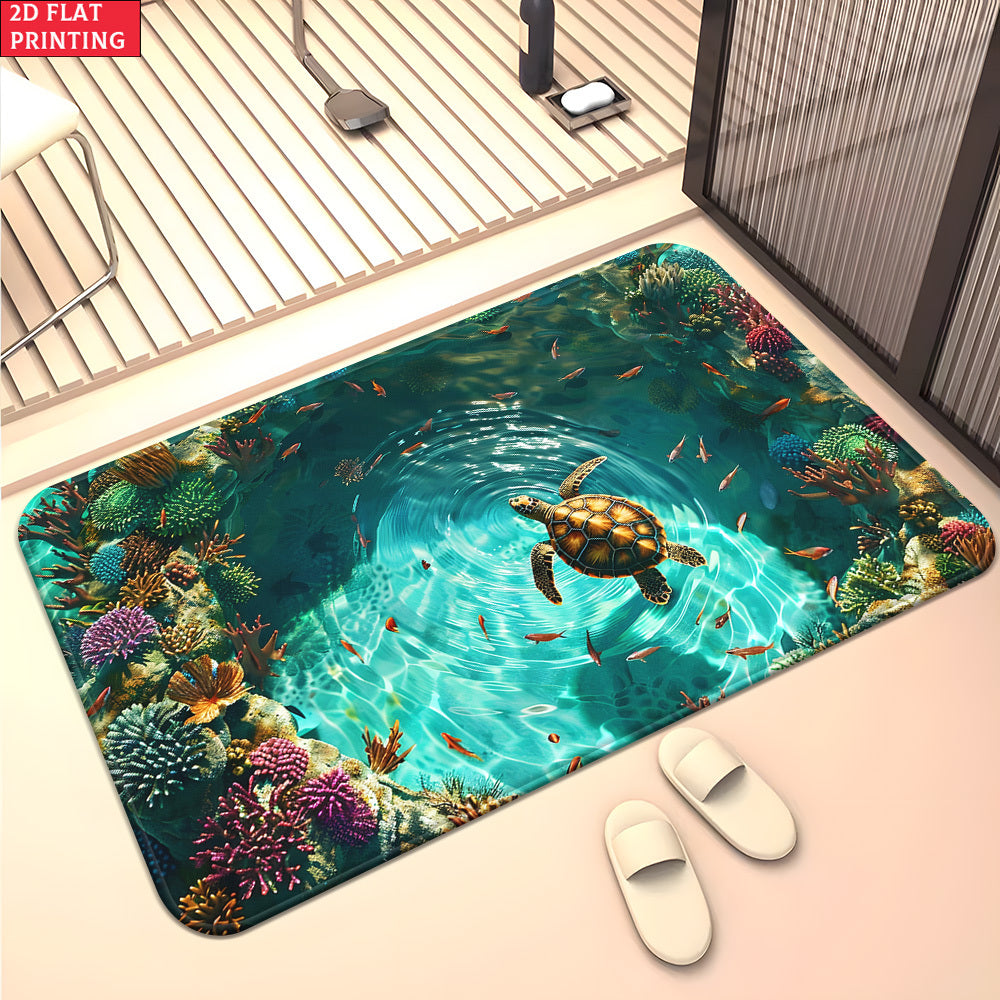 Sea Turtle Illusion Floor Mat with Tropical Reef Print in 15.75 x 23.62 or 19.68 x 31.49-Inch Sizes