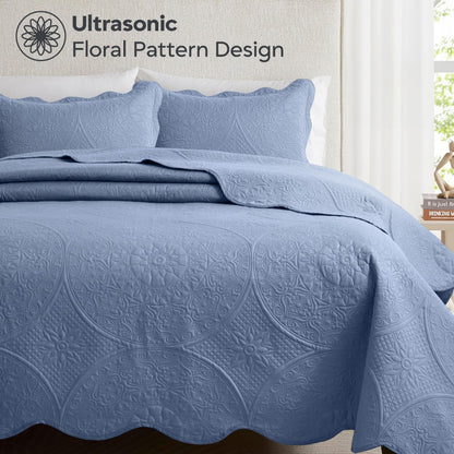 Floral-Pattern Three-Piece Bedspread Set in 16 Colors with Twin, Queen, King and California King Sizes