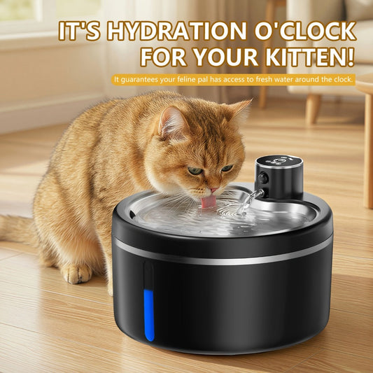 2.5L Cordless Pet Water Fountain with Black Stainless-Steel-Marked Basin, 4000mAh Battery and Water Window