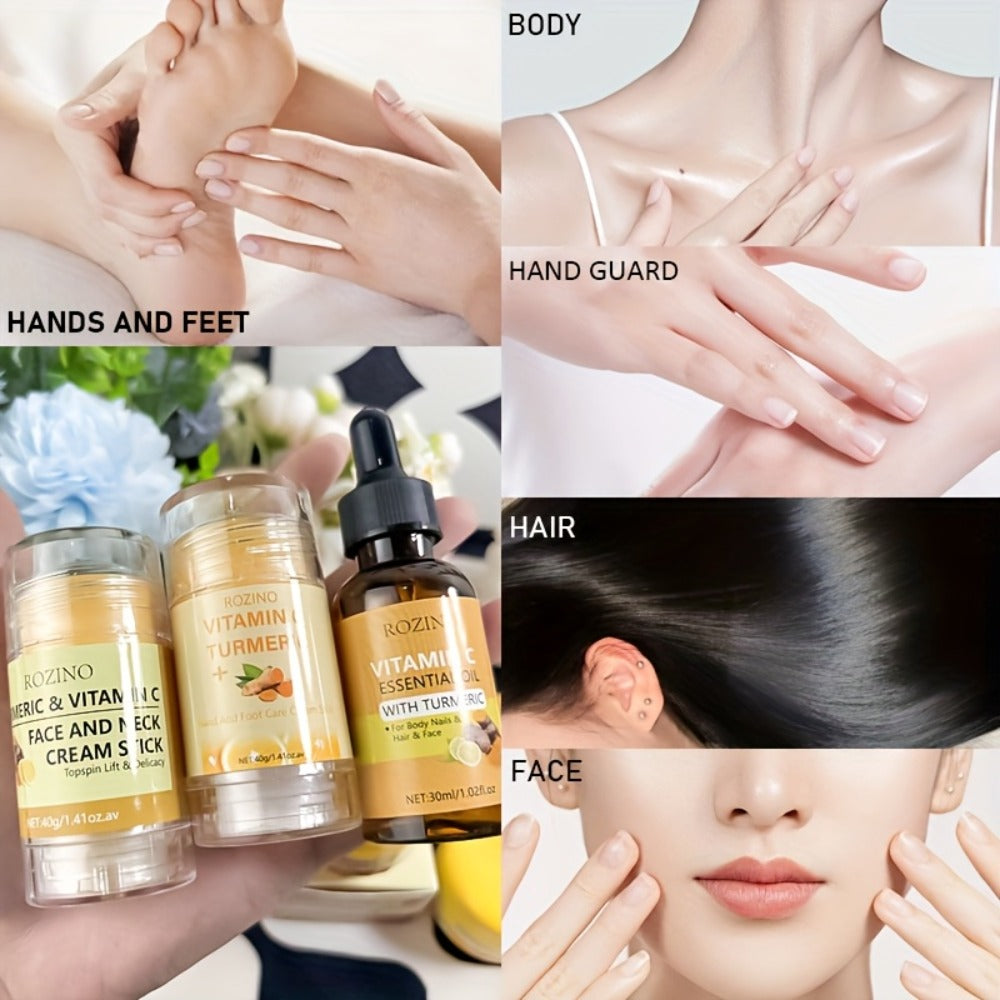Skincare Set with ROZINO Label, 5 Turmeric and Vitamin C Cream and Serum Items for Face Hands and Feet