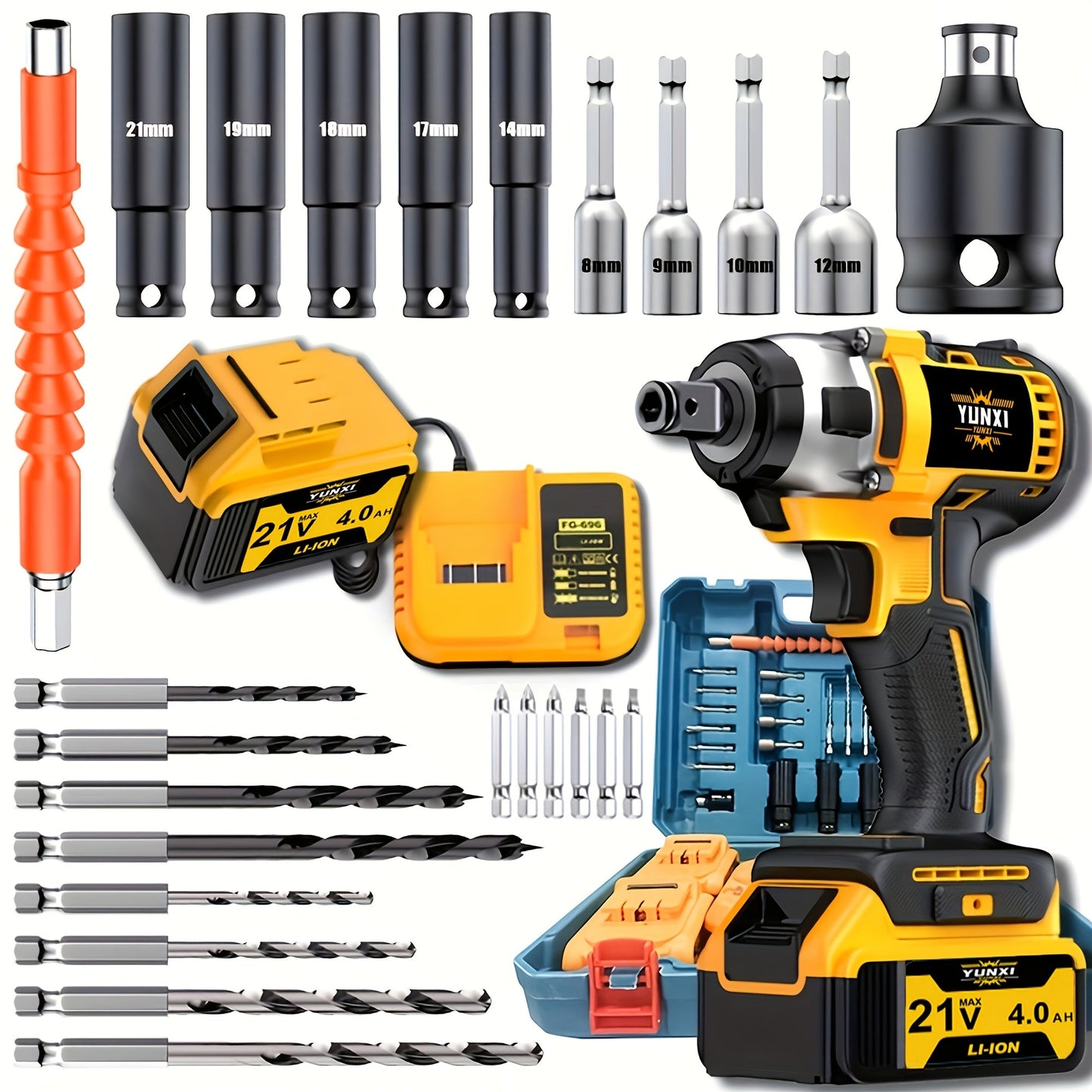 21V Cordless Drill Brushless Impact Wrench Multifunctional, Lithium Battery, Quick Charger, Variable Speed
