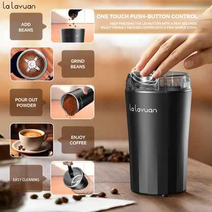 200W-Labeled Electric Coffee Grinder with Press-Lid Control, Two-Leaf Blade and Three Housing Options