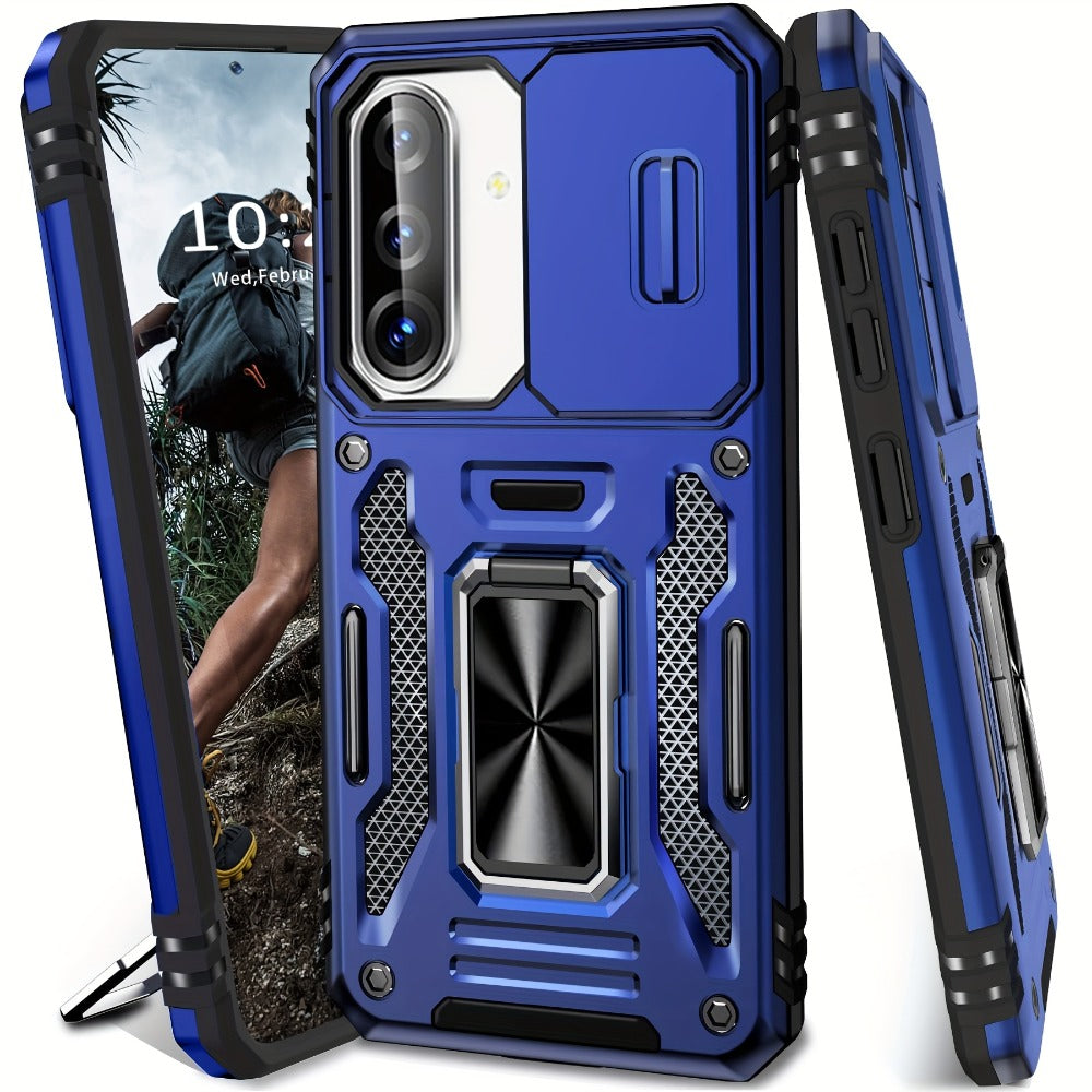 Samsung Galaxy Shockproof Magnetic Phone Case with 360° Rotating Ring Bracket & Sliding Lens Protector – Heavy Duty Cover for S24FE S23FE