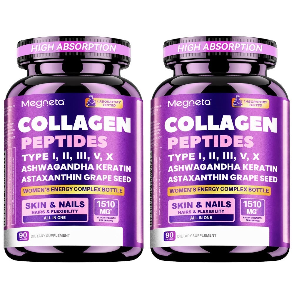 Collagen Capsules Type I II III V X with Vitamin C, Hyaluronic Acid & Biotin, Skin Hydration, Elasticity